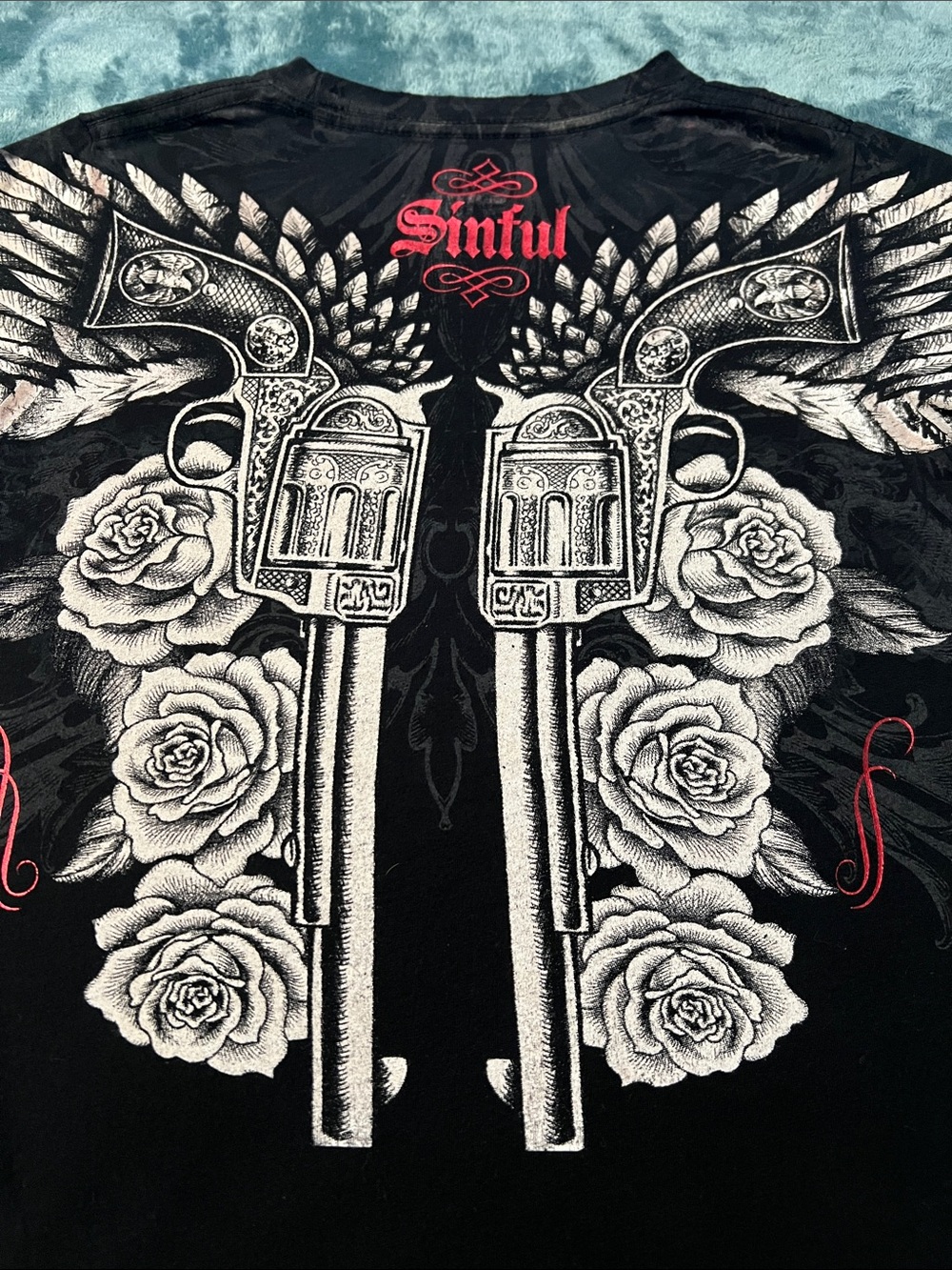 Sinful by Affliction Black Tee with White Guns  Gothic Logo top